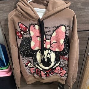 Brown  fleece Hoodie with Minnie Mouse Graphic and Pink Bow size L